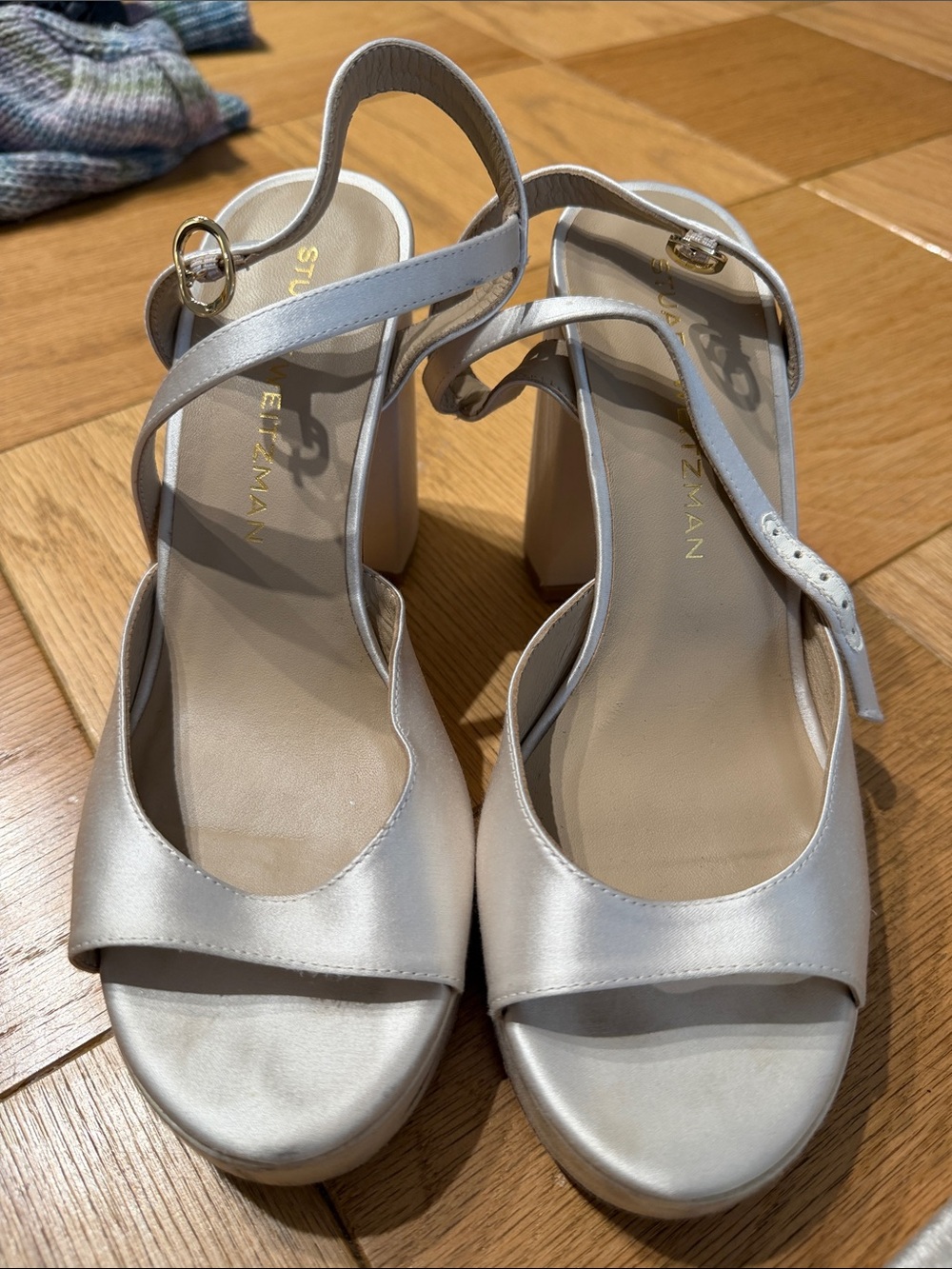 Stuart Weitzman Pearl Silver Satin Block Heel Sandals